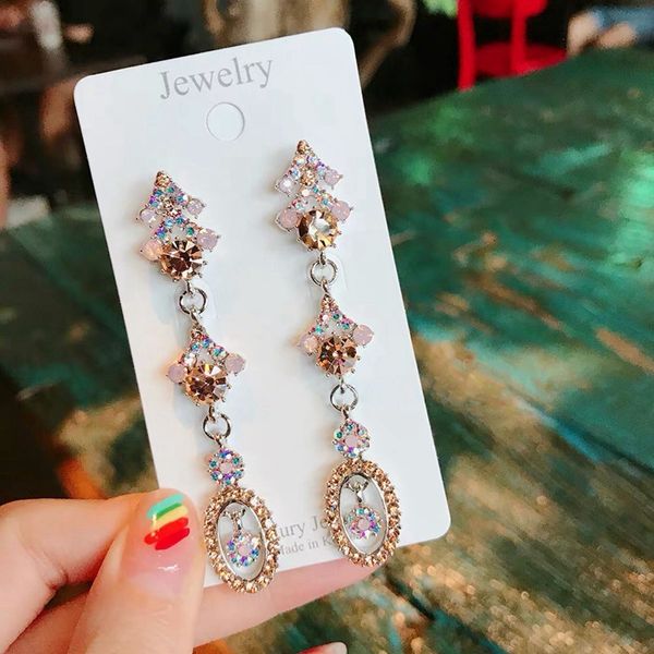 

mengjiqiao korean new luxury oval crystal long pendientes for women mujer moda exaggerated rhinestone party drop earrings, Silver
