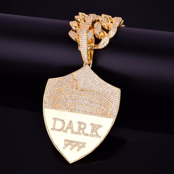 

hip hop jewelry men's shield pendant 777 dark necklace ice out cz stone two colors rock street with 20mm cuban, Silver