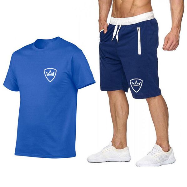 

summer men's print tracksuit casual short sets men cotton sports suit t-shirt+shorts 2 piece sets brand sportswear slim outfits, Black;blue