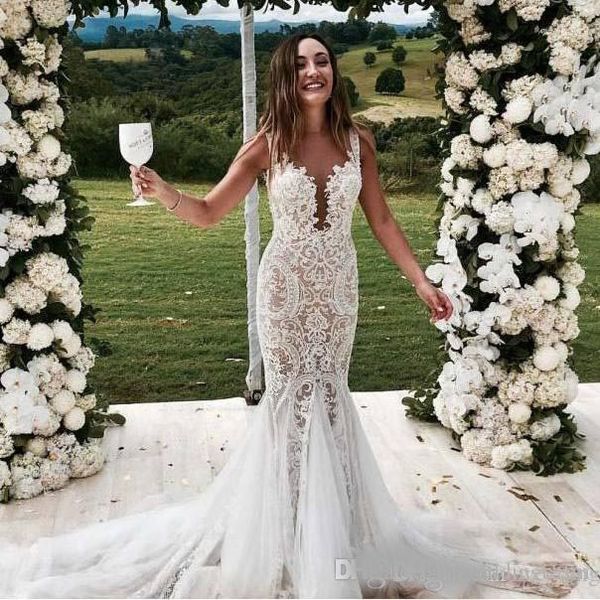 

backless mermaid lace wedding dresses plunging neck appliques pearl boho bridal gowns chapel train tulle trumpet bridal dress 2020, White