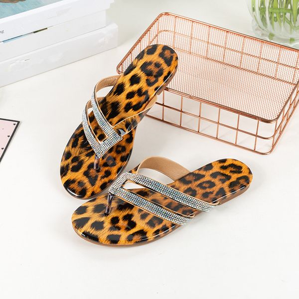 

2020 women summer flat slippers rhinestone shoes roman beach sandals ladies flip flops leopard non-slip, Black