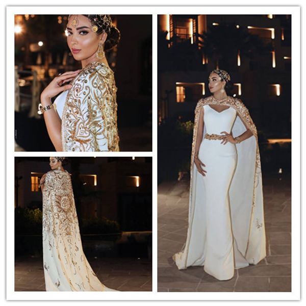 Русалка золотой вышивкой белые элегантные вечерние вечерние платья с накидкой 2019 Русалка yousef aljasmi платья выпускного вечера длинные бесплатная доставка
