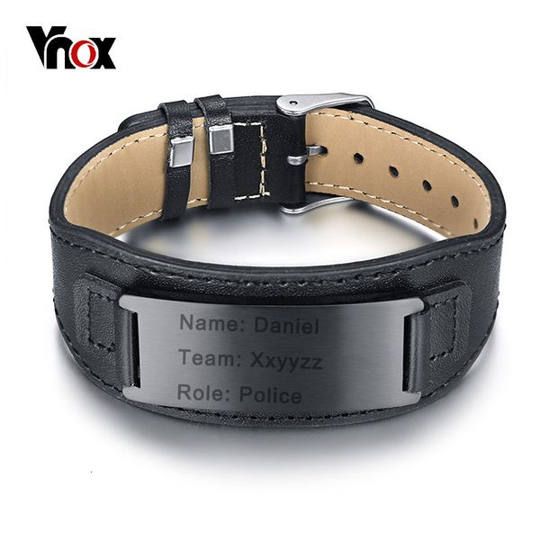 

vnox engraving genuine leather bracelet for men woman stainless steel id cuff bangle adjustable customized, Golden;silver
