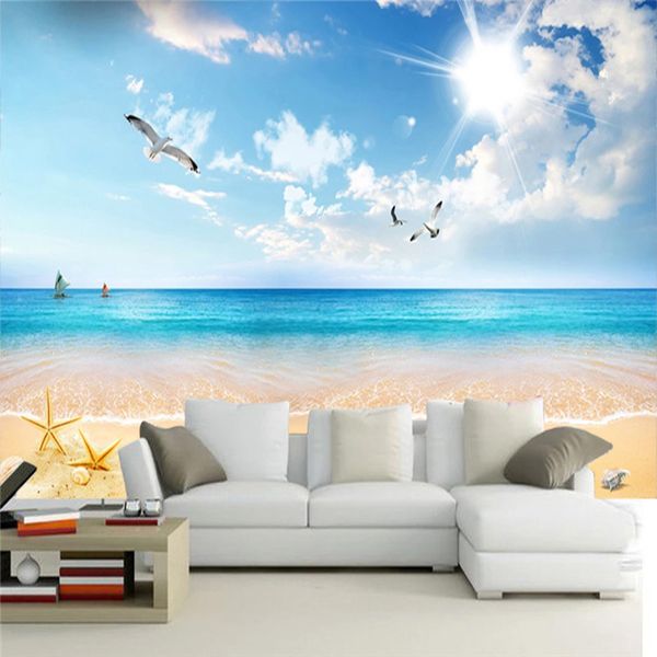 

p wallpaper 3d blue sky and white clouds beach seascape murals living room dining room background wall decor papel de parede