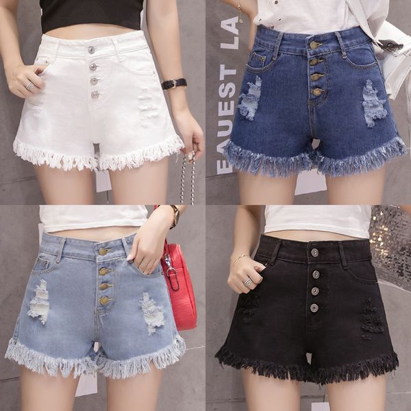 

fashion vintage high waist denim shorts women korean style casual hole worn shorts jeans summer short pants women, Blue