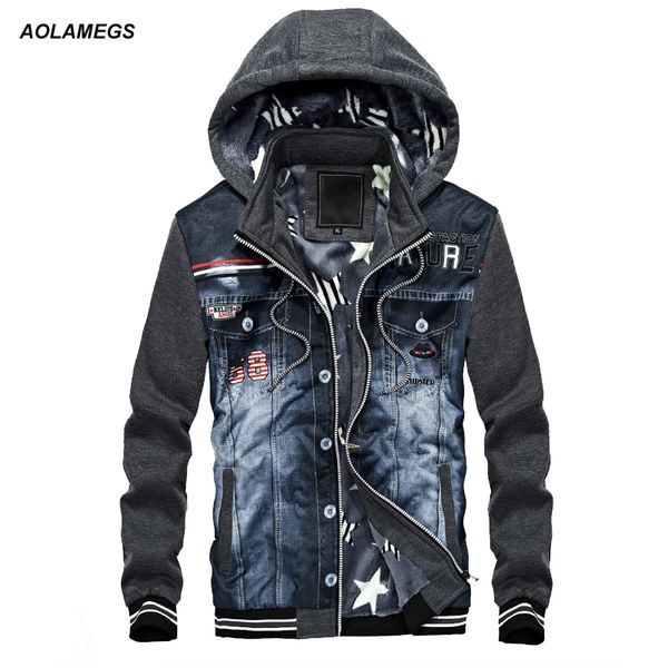 

aolamegs men hoodies warm fleece fashion denim patchwork outwear hip hop hooded sweatshirts jacket youth hoody streetwear, Black