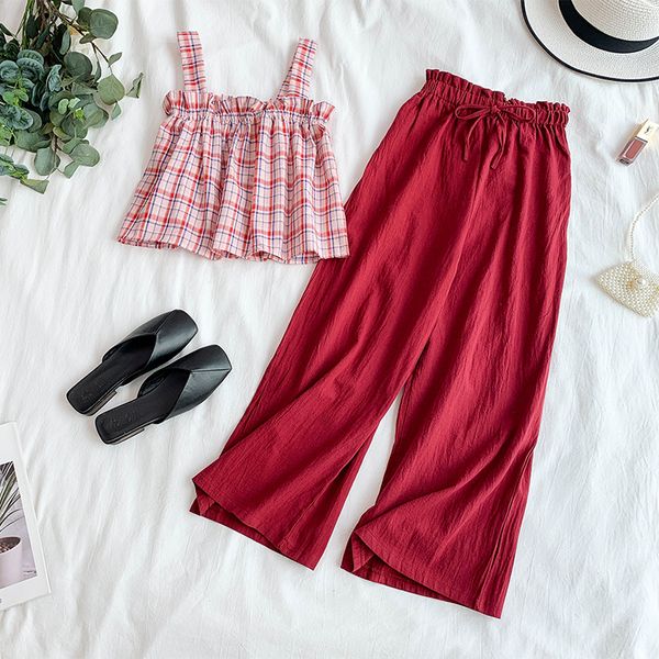 

2019 new fashion women's two piece set plaid strap vest+ elastic waist solid color wide leg pants two sets of female summer, White