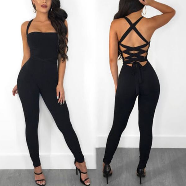 

women's jumpsuits & rompers women summer jumpsuit strappy backless high waist slim fit female bodysuit ik88, Black;white