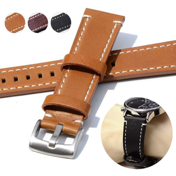 

genuine leather watchbands 18-24mm black dark brown women men cowhide watch band strap belt with buckle, Black;brown