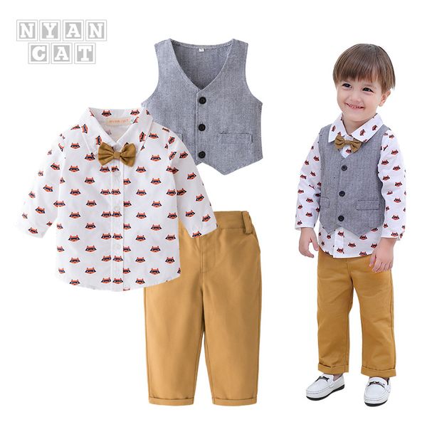 

children gentleman formal dress set boy's baby long sleeve set children's three-piece suit, White