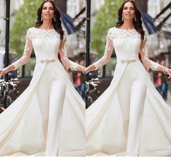 

vestidos de novia long sleeve white jumpsuits wedding dresses lace satin with overskirts beads crystals plus size bridal gowns pants dress