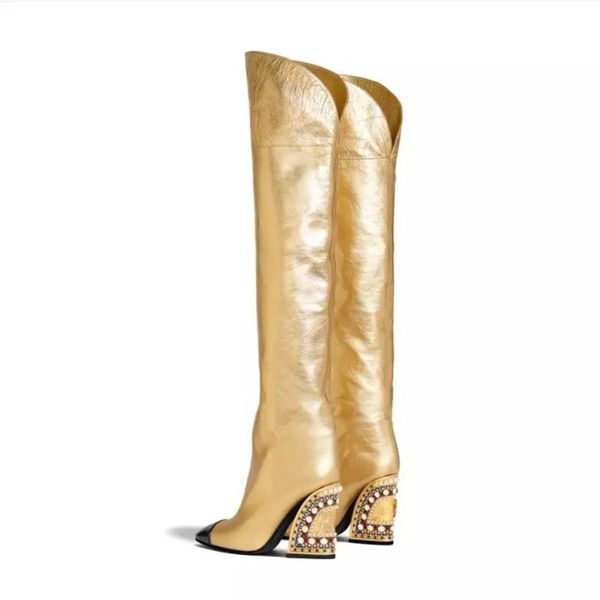 Heepkin Diamond Hiping Free Leder Quare Quare High Heel Schuhe Metallpäuse Zehen Motorradclethigh-Hochstiefel Long Knie Kief