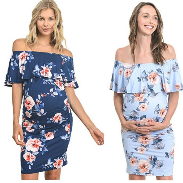 

summer new european american large size maternity dresses women one-piece collar stretch slim print pregnant dress, White