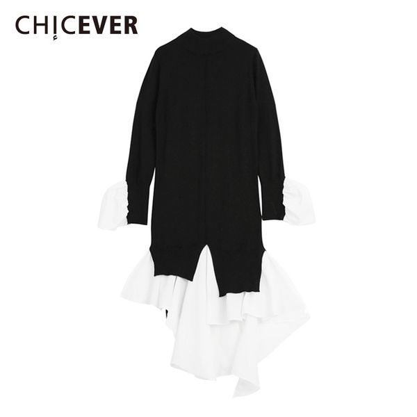 

chicever patchwork women's sweater flare long sleeve hit colors irregular long knitting pullover female 2020 spring clothes, White;black