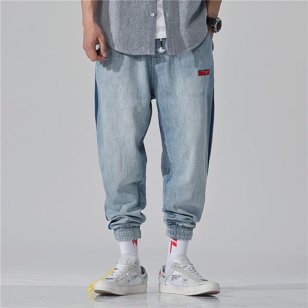

japanese streetwear men beamed loose hip hop jeans vintage washed white denim trousers plus size man's casual harem pants, Blue