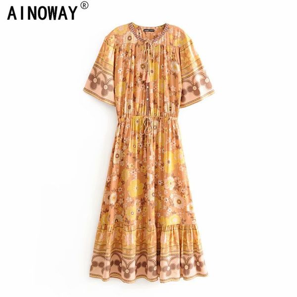 

vintage chic women floral print flare sleeve tassel ruffles pleated bohemian maxi dresses ladies v-neck rayon boho happie dress, Black;pink