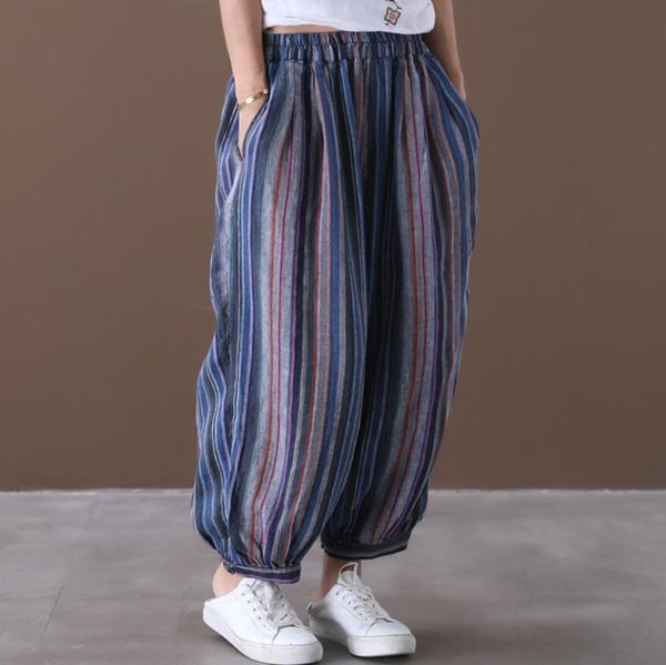 

2020 женские шаровары лето новый корейский стиль свободные плюс размер вертикальные полосы повседневная льняная мода карманы брюки женщины, Black;white