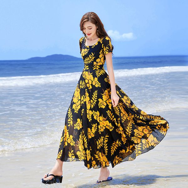 

2019 summer wear broad ma'am printing will code suit-dress shivering longuette will pendulum chiffon dress, White;black