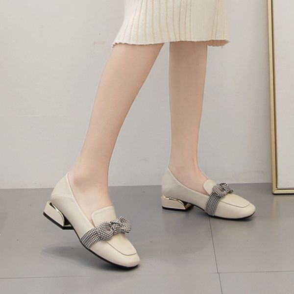 

feiyitus new square head thick heel and short heel british lefoy shoes autumn 2019 fashion bow deep mouth single shoe woman, Black