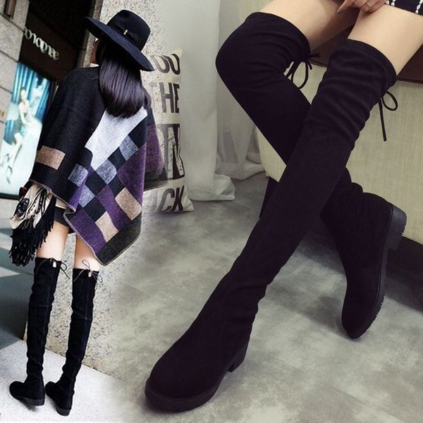

2019 women's boots autumn and winter new over the knee boots sleek minimalist comfort plus cotton flat flock, Black