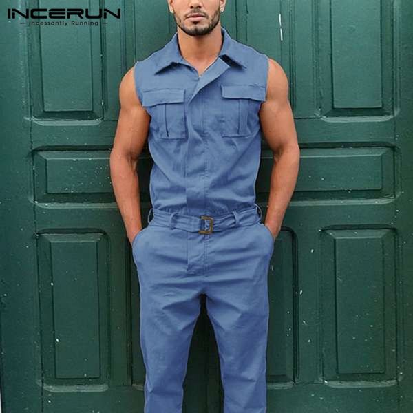 

incerun мода мужчины комбинезон комбинезон грузового отворот рукава сплошного цвет брюки с поясом 2020 карманы streetwear casual rompers, Black
