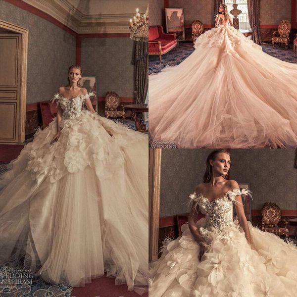 2019 Julia Kontogruni Vintage Brautkleider, schulterfrei, Spitze, 3D-Blumenapplikation, luxuriöses Landhochzeitskleid, Feder-Brautkleider