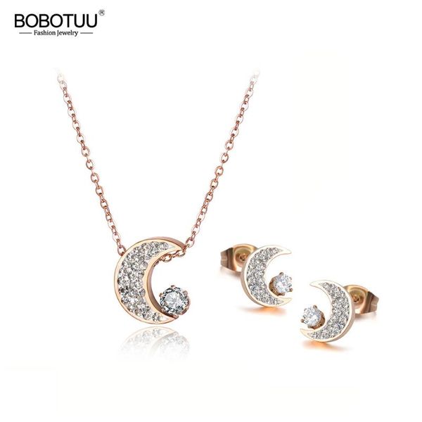 

bobotuu fashion cubic zirconia moon choker necklaces earrings sets for women rhinestone stainless steel female jewelry bse013, Silver