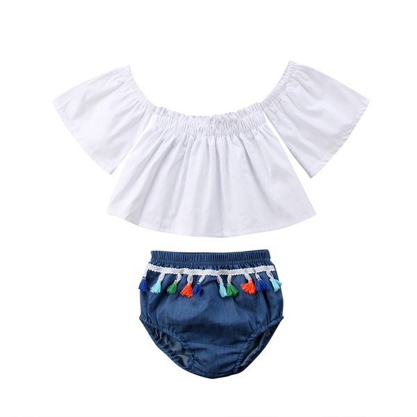 

fashion toddler newborn baby girls off shoulder + tassel denim shorts summer outfits clothes set, White