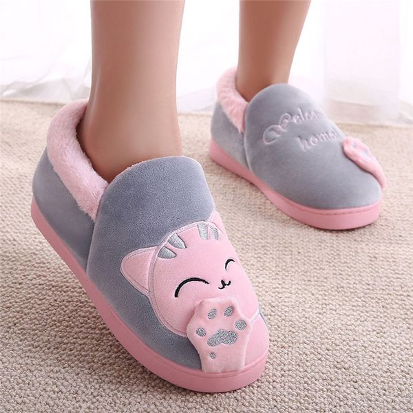 

women winter warm home slippers cartoon lucky cat non-slip home shoes men indoor floor bedroom lovers couple plush house shoes 1, Black