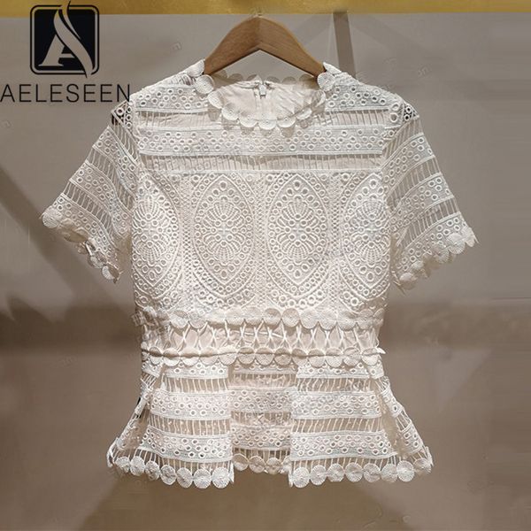 

aeleseen runway fashion lace blouse 2020 summer short sleeve white blue flower embroidery ruffles hollow out blouse