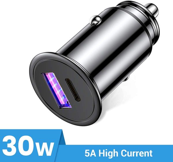 

usb c car charger [all metal], fast car charger 5a/30w power delivery&qc 3.0 dual ports adapter, type c pd car charger