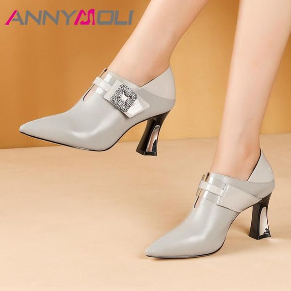 

annymoli high heels women pumps natural genuine leather strange style high heel shoes cow leather crystal shoes ladies size 3-11, Black