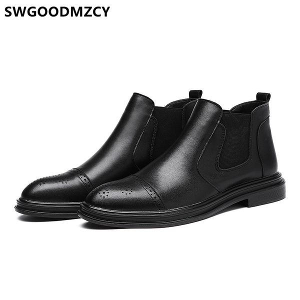 

boots ankle men genuine leather fashion brogue shoes mens dress chaussure homme, Black