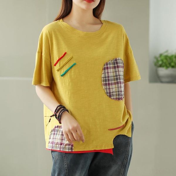 

qiluan drawing artistic sticker painting adhesive paper sticker round collar short sleeve t-shirt women's loose white top