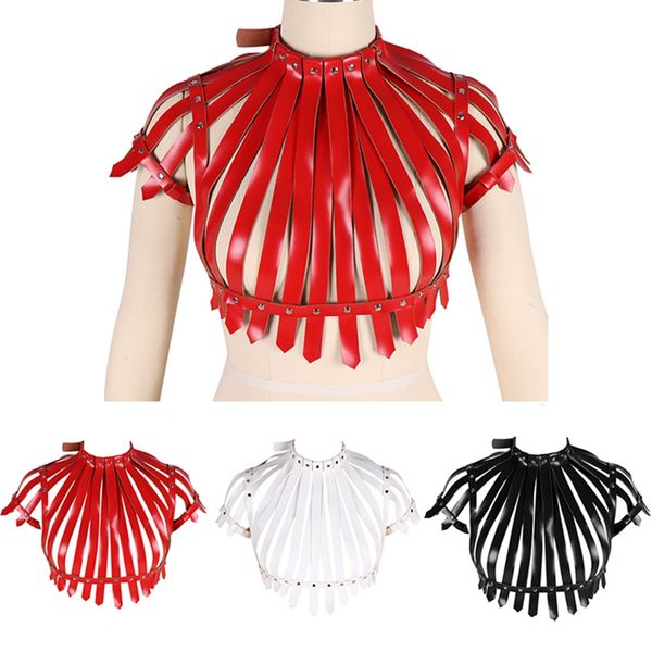 

womens body harness bra leather goth belt chest bondage stripe hollow out lingerie suspender punk adjust festival rave, Black;white