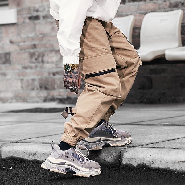 

hip fashion cotton multi-pockets safari autumn casual pants harajuku men style elastic trousers streetwear cargo new hop lnkfo, Black