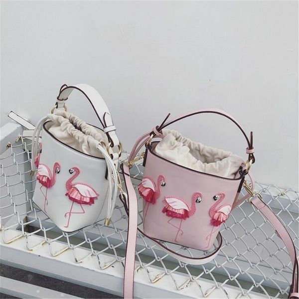 

aequeen cute flamingo women handbags personality string bucket messenger bags for women pu leather crossbody bags bolsa feminina