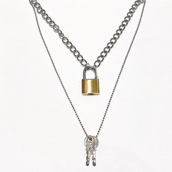 

cool punk gothic men women 2 in 1 heavy duty chain choker squre lock collar metal link key necklace, Golden;silver