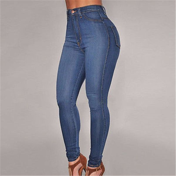

2020 fashion women denim skinny pants high waist stretch jeans slim pencil trousers new, Blue