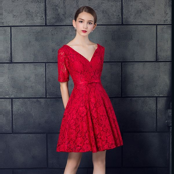 

new red lace deep v-neck formal a-line evening dresses short fashion halter strap small dresses prom gowns dh068, Black;red