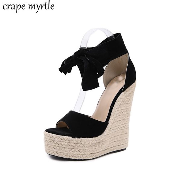 

2020 novelty flock women sandals shoes women wedges high heels gladiator buckle strap lace up pumps sandalia plataforma yma990, Black