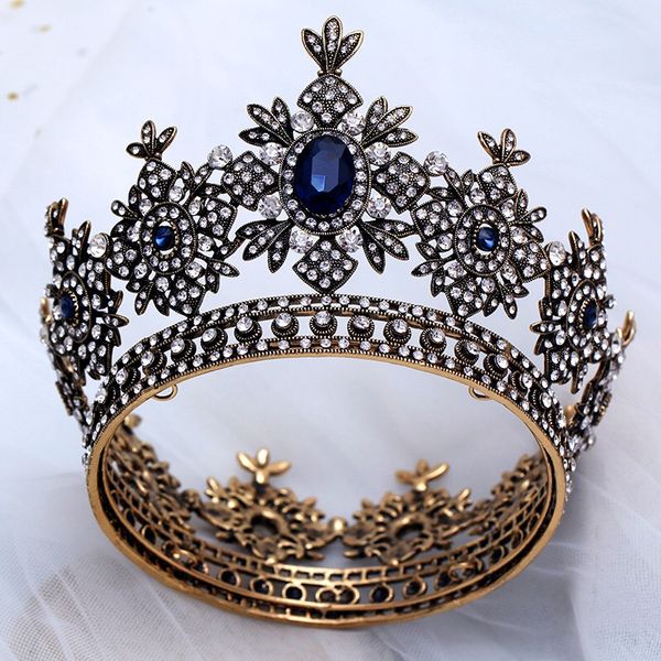 

handmade luxurious crowns tiaras for brides with bluerhinestone retro baroque hairbands headpiece prom hair jewelry, Golden;white