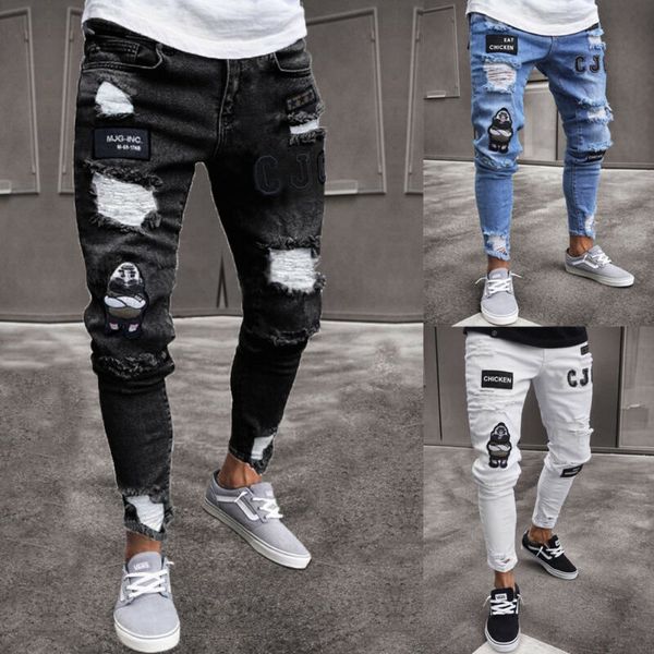

2020 new fashion men ripped biker skinny jeans frayed destroyed trousers casual denim pants s-3xl, Blue