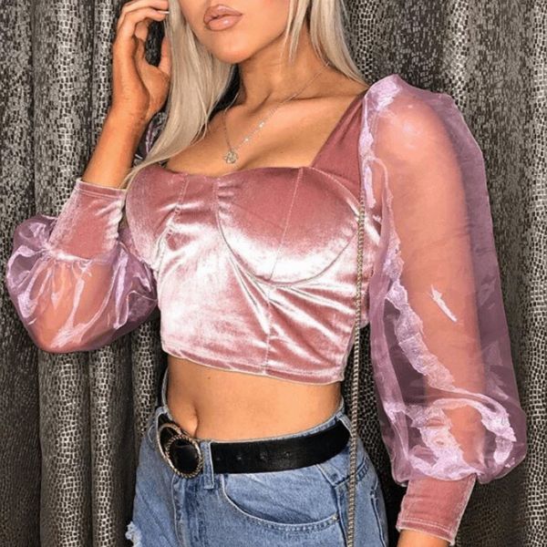 

women mesh puff long sleeve velvet shirt loose casual slim square collar blouse women streetwear elegant party clubwear, White