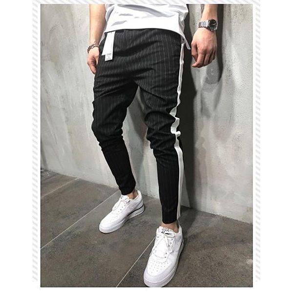 

urban straight casual trousers slim fitness long pants men's twill fashion jogger pants stripe, Black