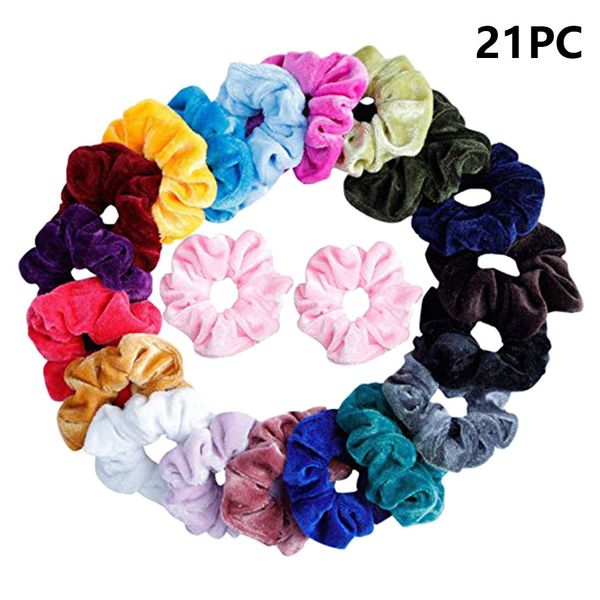 

21 pcs soft chiffon velvet satin hair scrunchie floral grip loop holder stretchy hair band leopard women accessories, Slivery;white