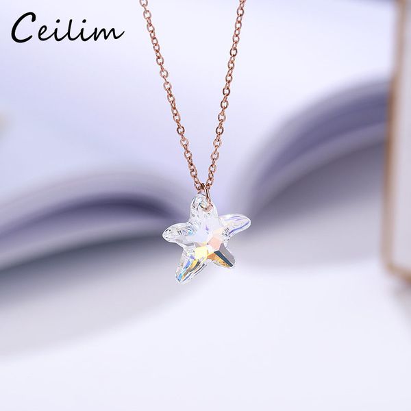 

crystal glass starfish pendant necklace for women transparent austrian shining crystal star charm necklace jewlery gifts 2019, Silver