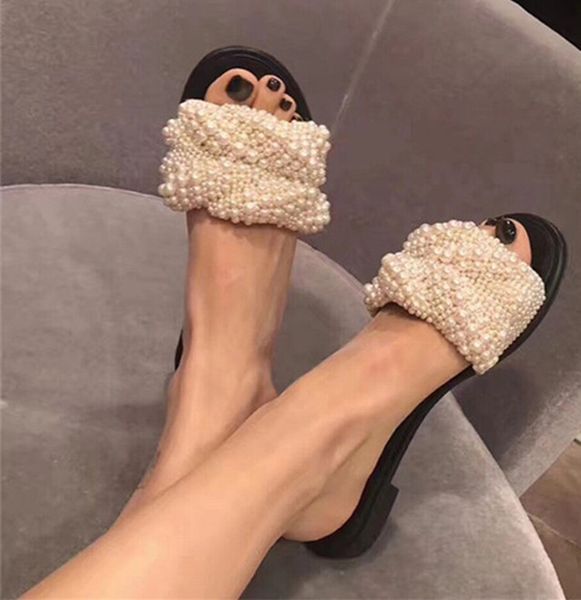

sweet pearl beading slipper sandals woman open toe handwork flats gladiator sandals women fashion casual runway shoes summer, Black