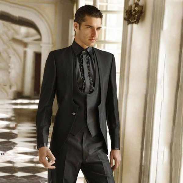 Italiana Black Men ternos de negócio para o casamento do noivo smoking Best Man Conjuntos de 3 peças ternos Slim Fit Blazer (Vest + Calças Jacket +)