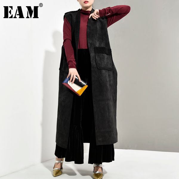 

eam] 2019 new spring autumn v-collar sleeveless imitation lamb hair split joint loose long thick vest women fashion tide jy784, Black;white